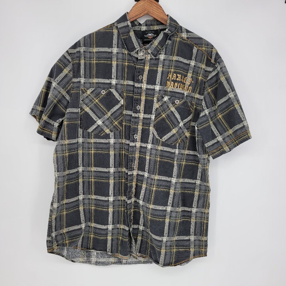 Harley-Davidson Men’s Plaid Button-Down Shirt Short Sleeve Black Gray Gold Size